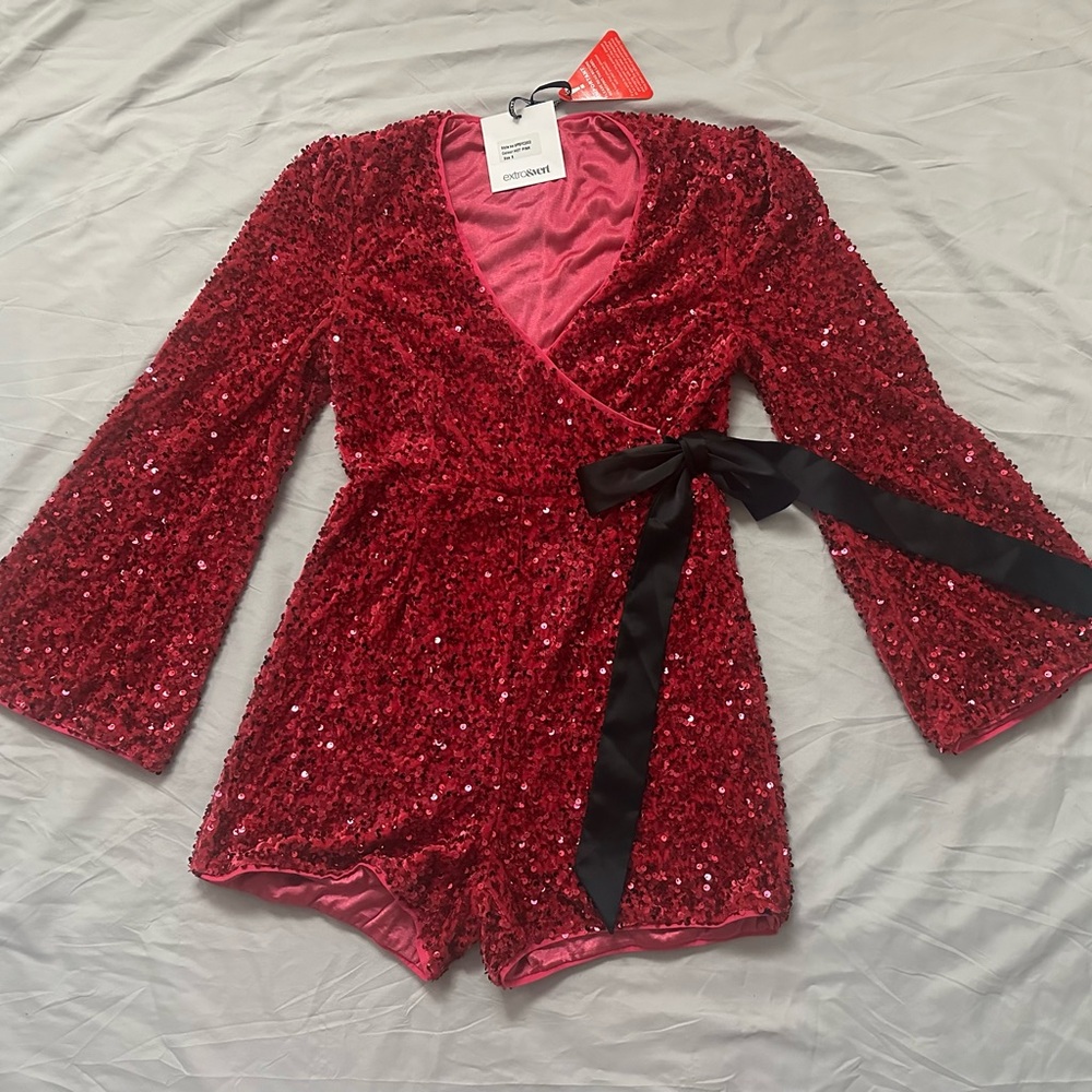 Hot Pink Sequin Faux Wrap Romper with Black Bow